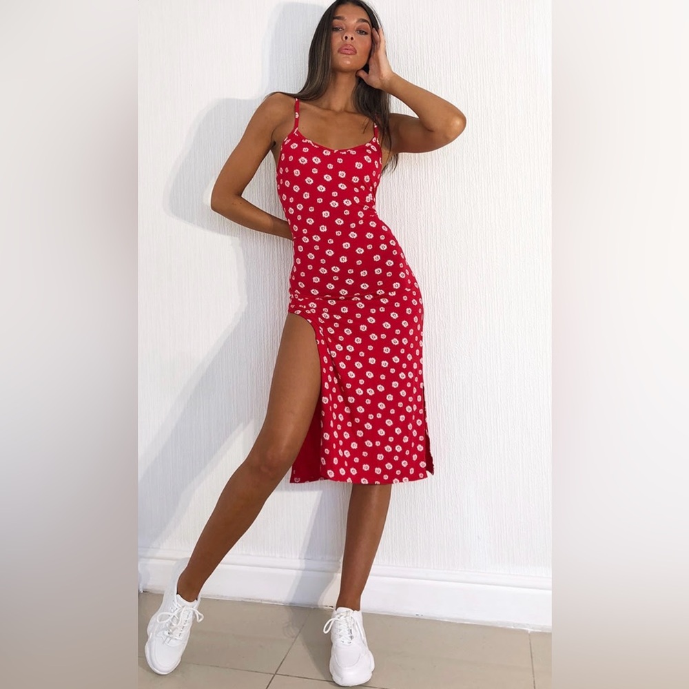 Red Floral Print Jersey Split Cami Midi Dress